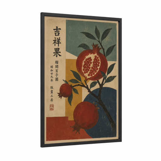 Vintage Pomegranate Botanical Wall Art framed fruit print — black wood frame — red and beige palette