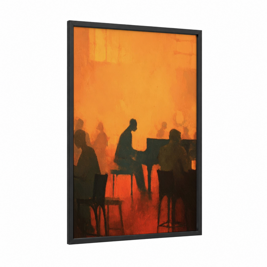 Candlelit Pianist framed piano print — black wood frame — orange and black palette