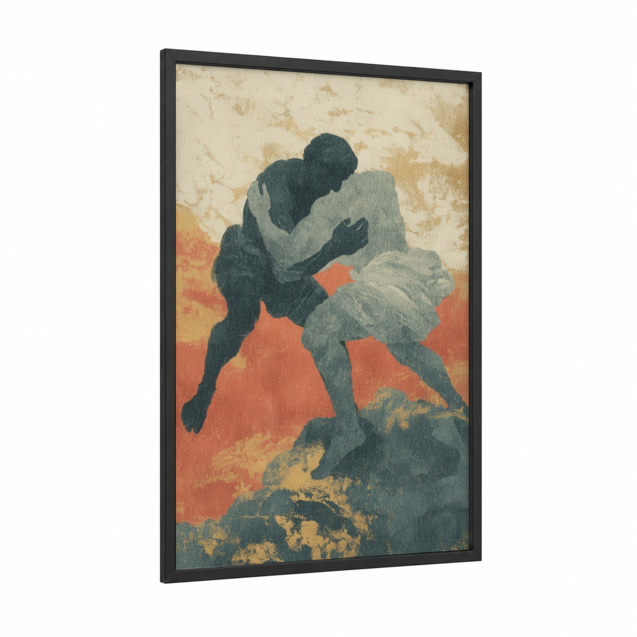 Vintage Wrestling Match framed art print — black wood frame — cream and russet palette