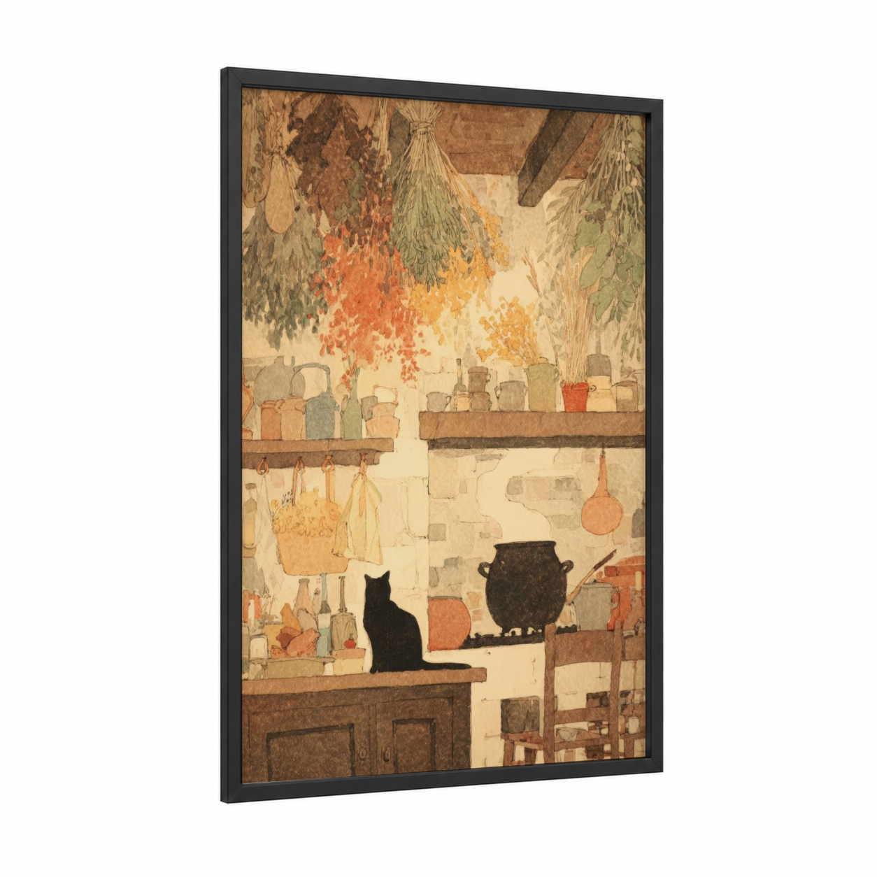 Witches Kitchen framed wiccan print — black wood frame — russet and cream palette