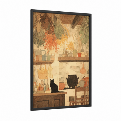 Witches Kitchen framed wiccan print — black wood frame — russet and cream palette