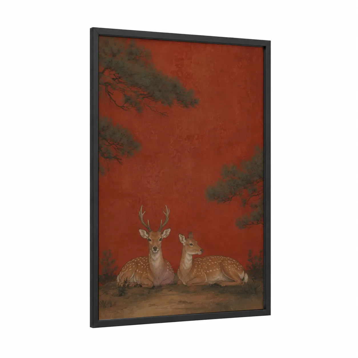 Tranquil Deer Pair Asian Inspired Wall Art framed art print — black wood frame — russet and beige palette