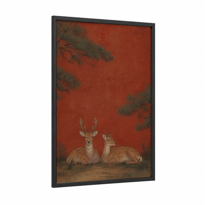 Tranquil Deer Pair Asian Inspired Wall Art framed art print — black wood frame — russet and beige palette