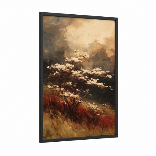 Misty Dogwood framed art print — black wood frame — cream and russet palette