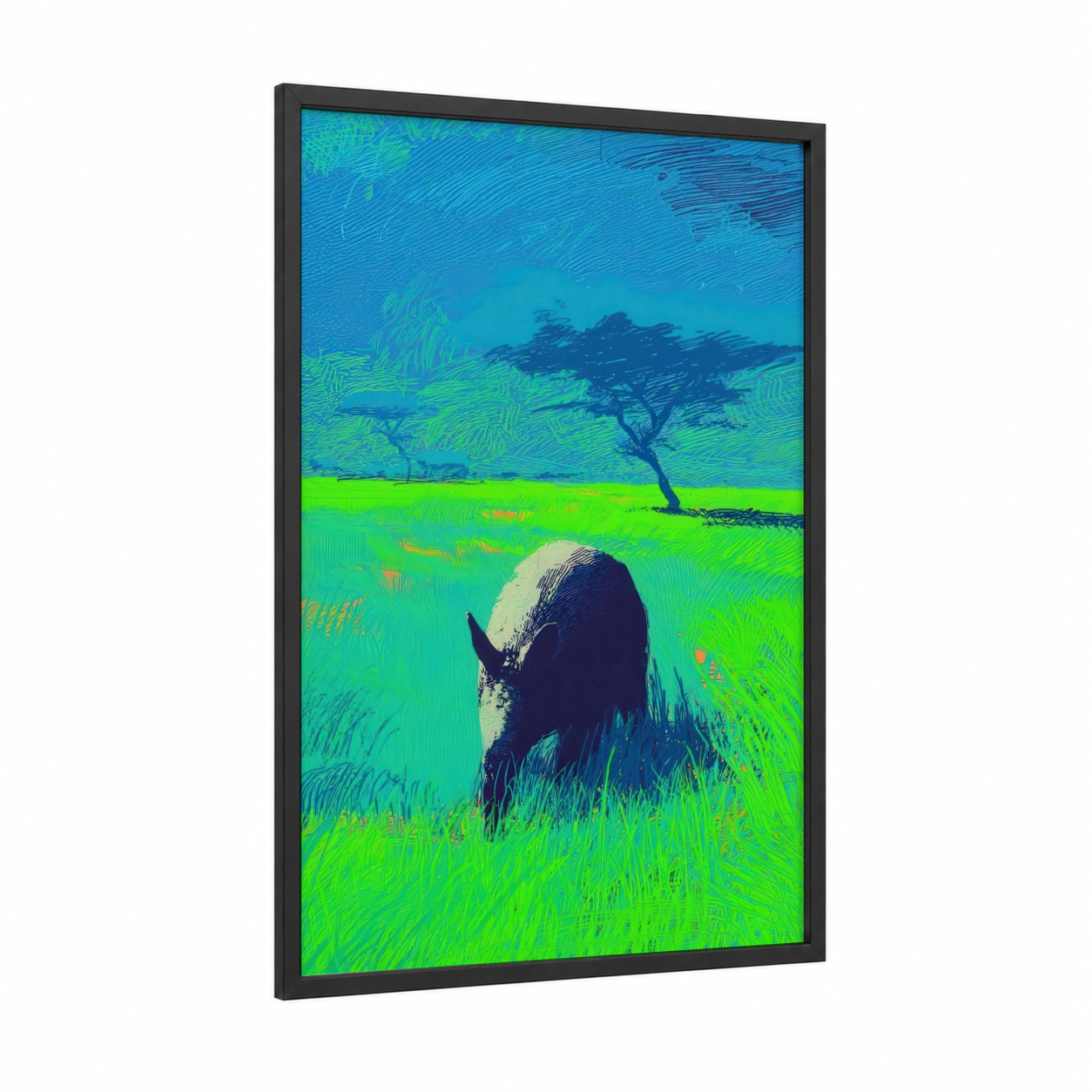 Grazing Aardvark framed art print — black wood frame — lime green and turquoise palette