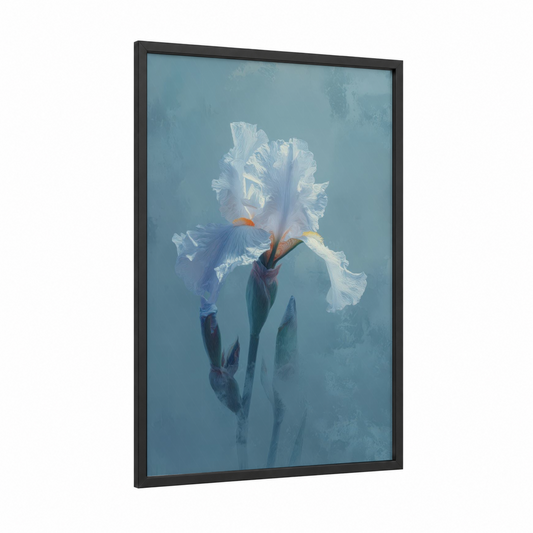 Ethereal White Iris framed art print — black wood frame — blue and white palette