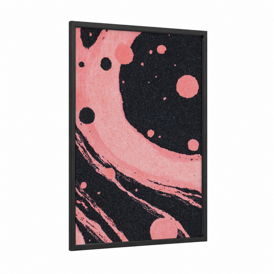 Cosmic Condiments framed art print — black wood frame — salmon pink and black palette