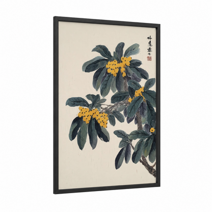 Golden Loquat Branch framed fruit trees print — black wood frame — gold and dark green palette