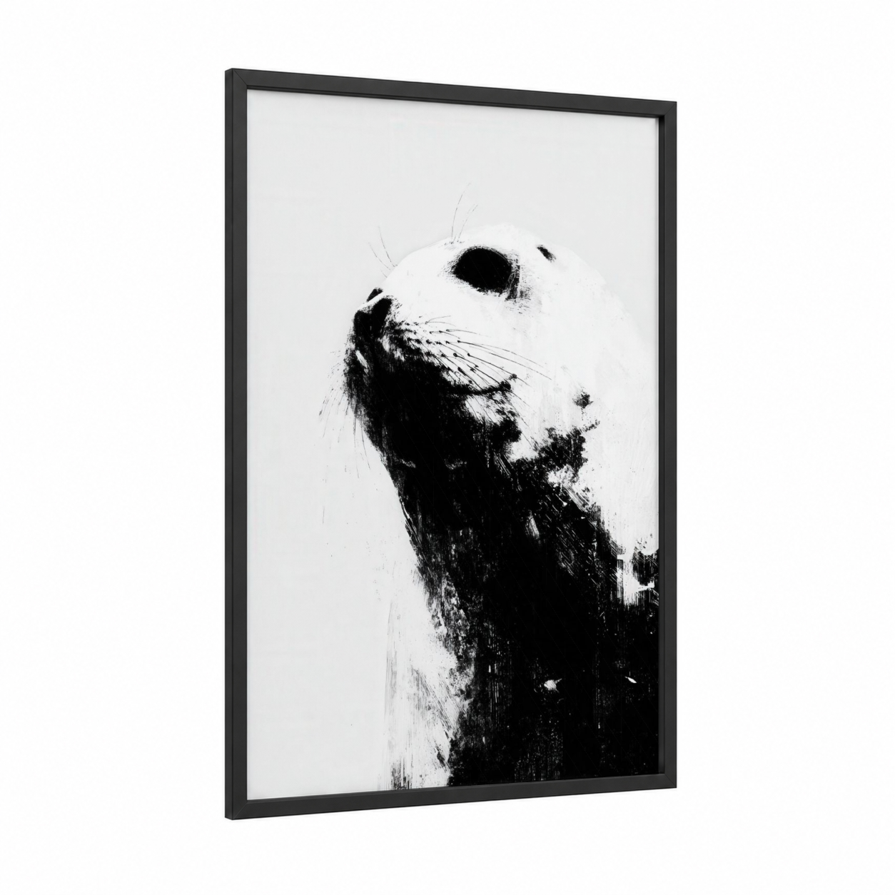 Contemplative Seal framed art print — black wood frame — black and white palette