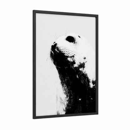 Contemplative Seal framed art print — black wood frame — black and white palette