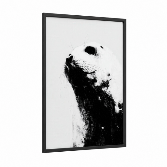Contemplative Seal framed art print — black wood frame — black and white palette