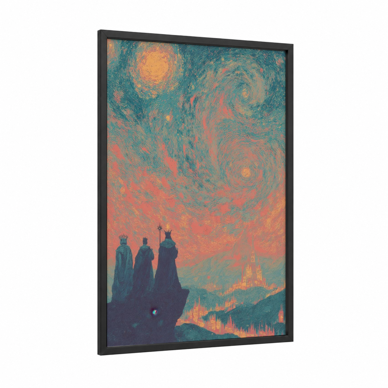 Epiphany Sky framed art print — black wood frame — teal and gold palette