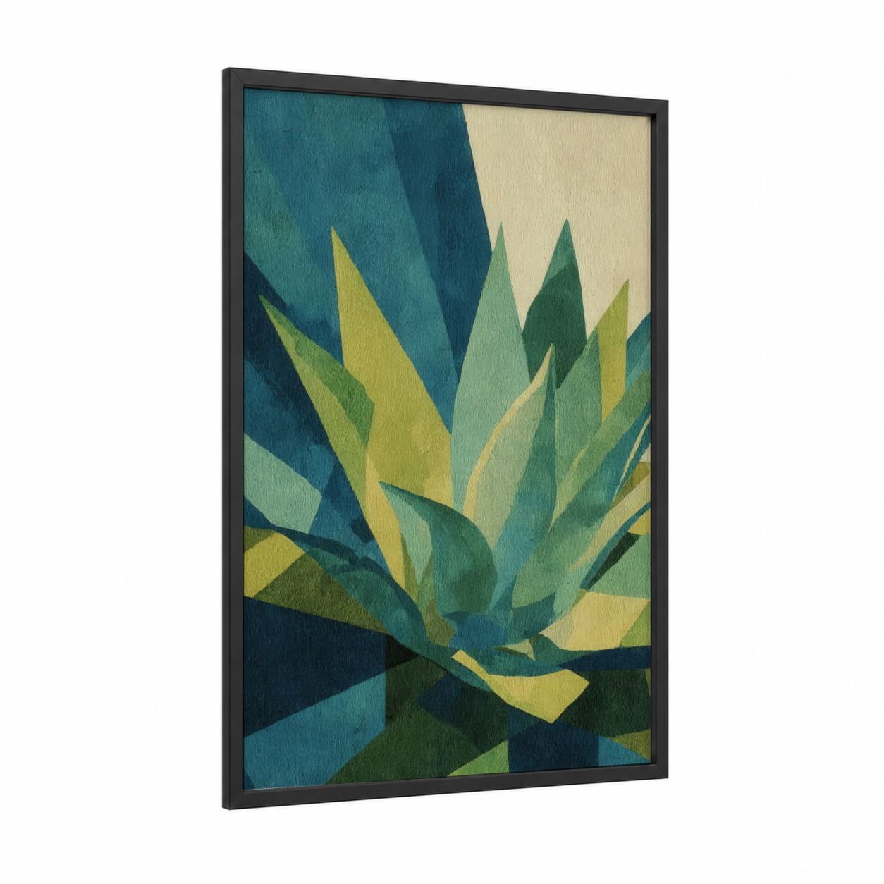 Geometric Succulent framed art print — black wood frame — teal and yellow palette