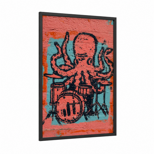 Octopus Drummer framed squid print — black wood frame — salmon pink and teal palette