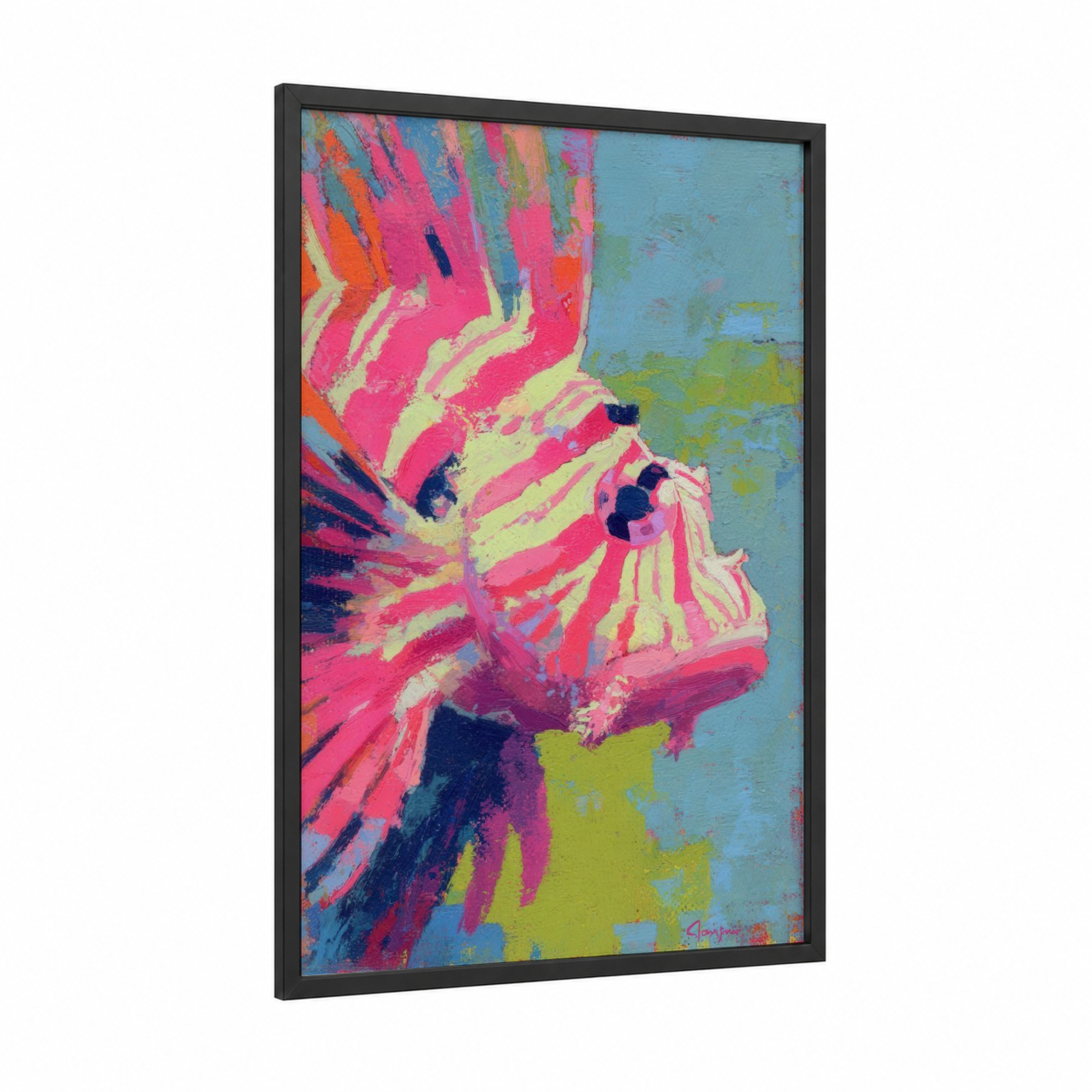 Vibrant Lionfish framed art print — black wood frame — magenta and blue palette
