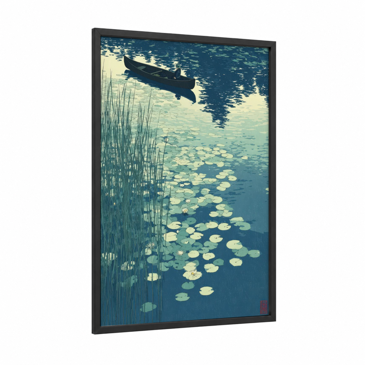 Serene Paddler framed canoeing and kayaking print — black wood frame — blue and cream palette