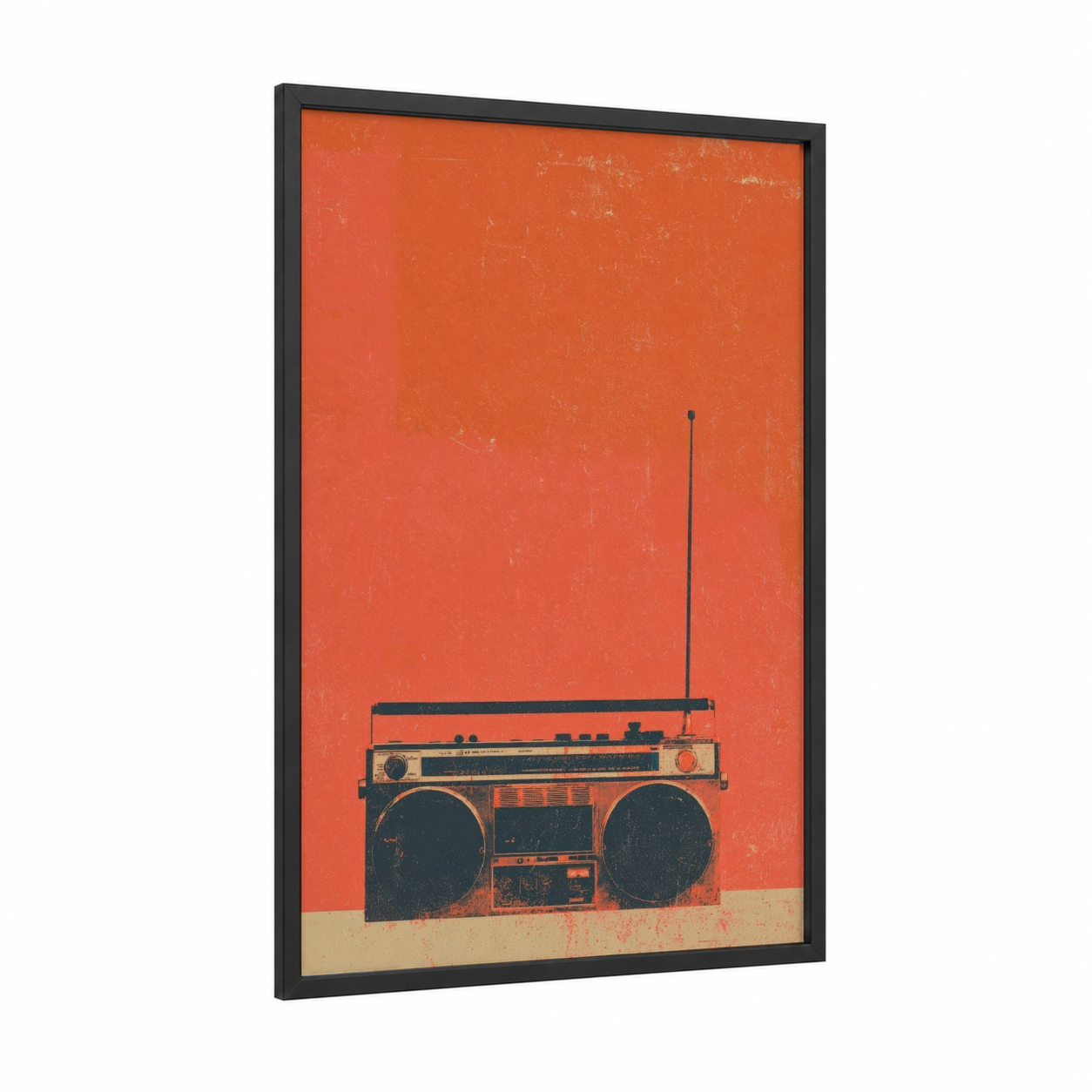 Vintage Boombox framed art print — black wood frame — orange and black palette
