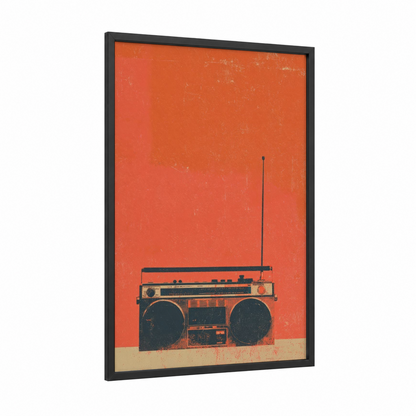 Vintage Boombox framed art print — black wood frame — orange and black palette