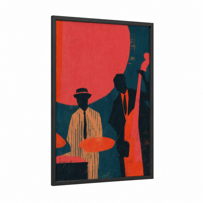 Midnight Blues framed art print — black wood frame — red and dark blue palette