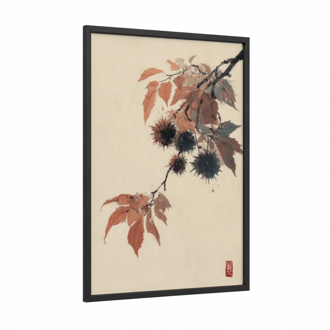 Autumn Fruit Branch framed fruit trees print — black wood frame — russet and cream palette