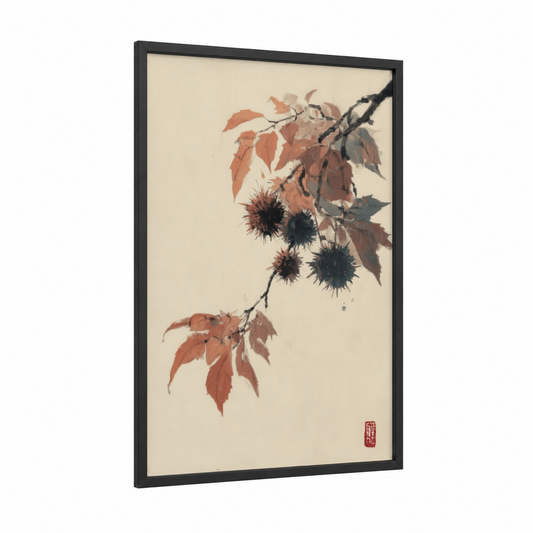 Autumn Fruit Branch framed fruit trees print — black wood frame — russet and cream palette