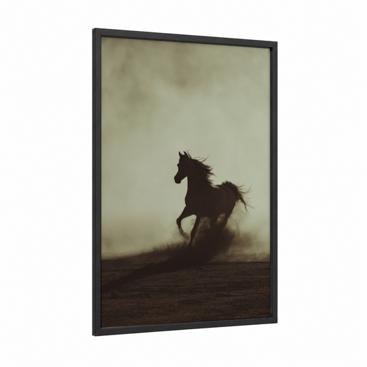 Desert Storm Horse framed arabian horse print — black wood frame — beige and black palette