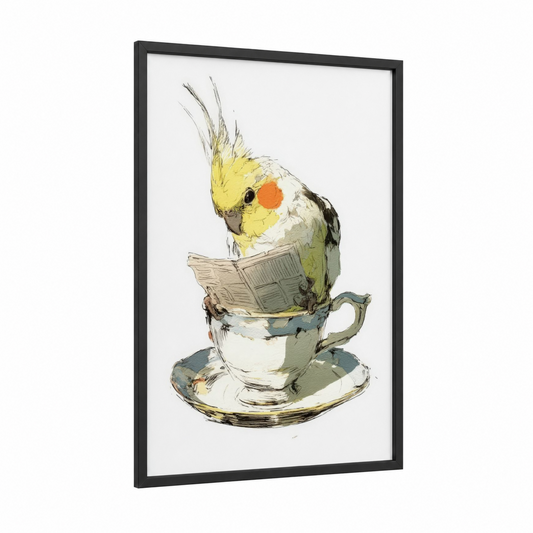 Reading Cockatiel framed art print — black wood frame — yellow gold and white palette