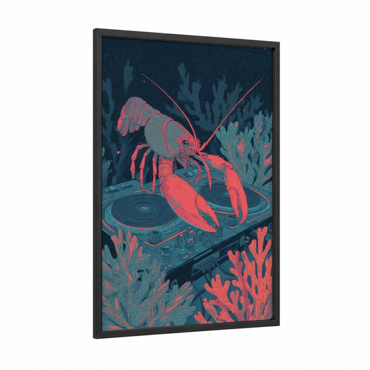 Neon Crayfish framed art print — black wood frame — blue and magenta palette