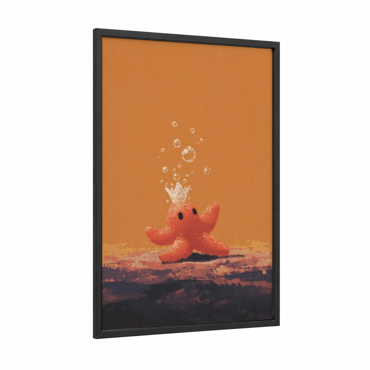 Coral Starfish Bubbles framed art print — black wood frame — orange and gold palette