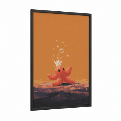 Coral Starfish Bubbles framed art print — black wood frame — orange and gold palette