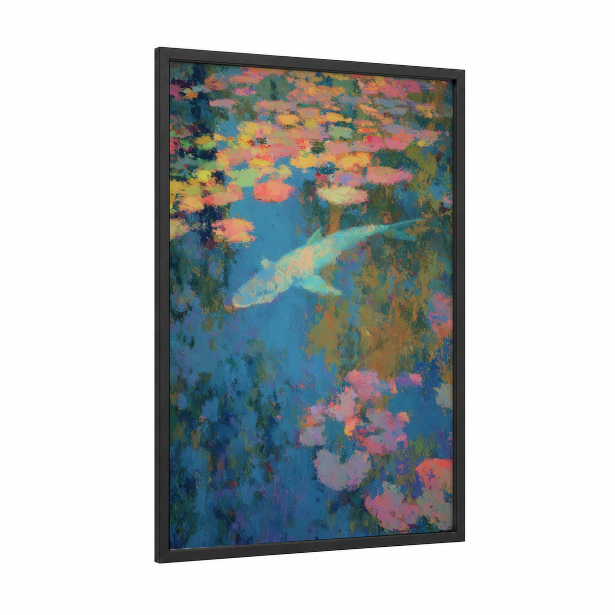 Colorful Shark Garden framed blue shark print — black wood frame — blue and pink palette