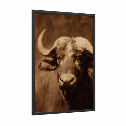 Majestic Bison Portrait framed art print — black wood frame — brown and cream palette