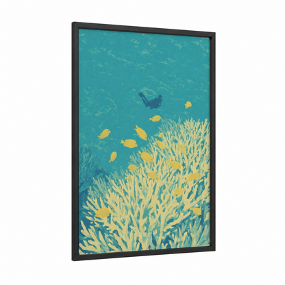 Coral Snorkeling framed art print — black wood frame — turquoise and gold palette