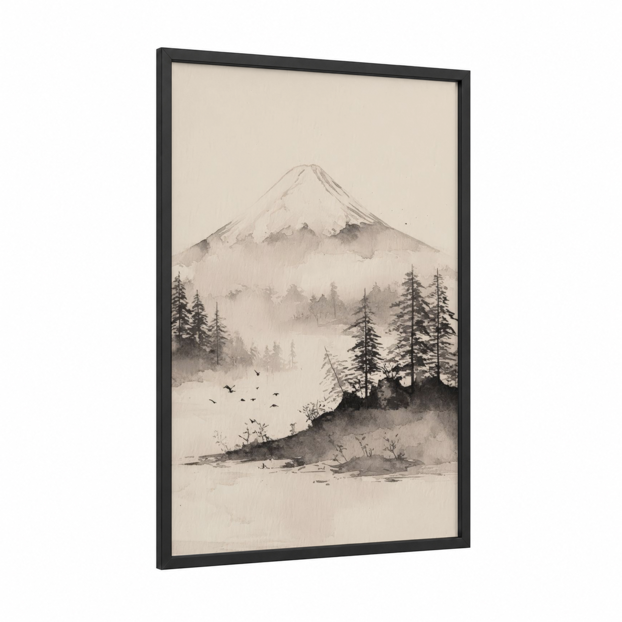 Misty Fuji framed mount fuji print — black wood frame — black and white and gray palette