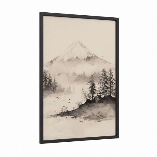 Misty Fuji framed mount fuji print — black wood frame — black and white and gray palette