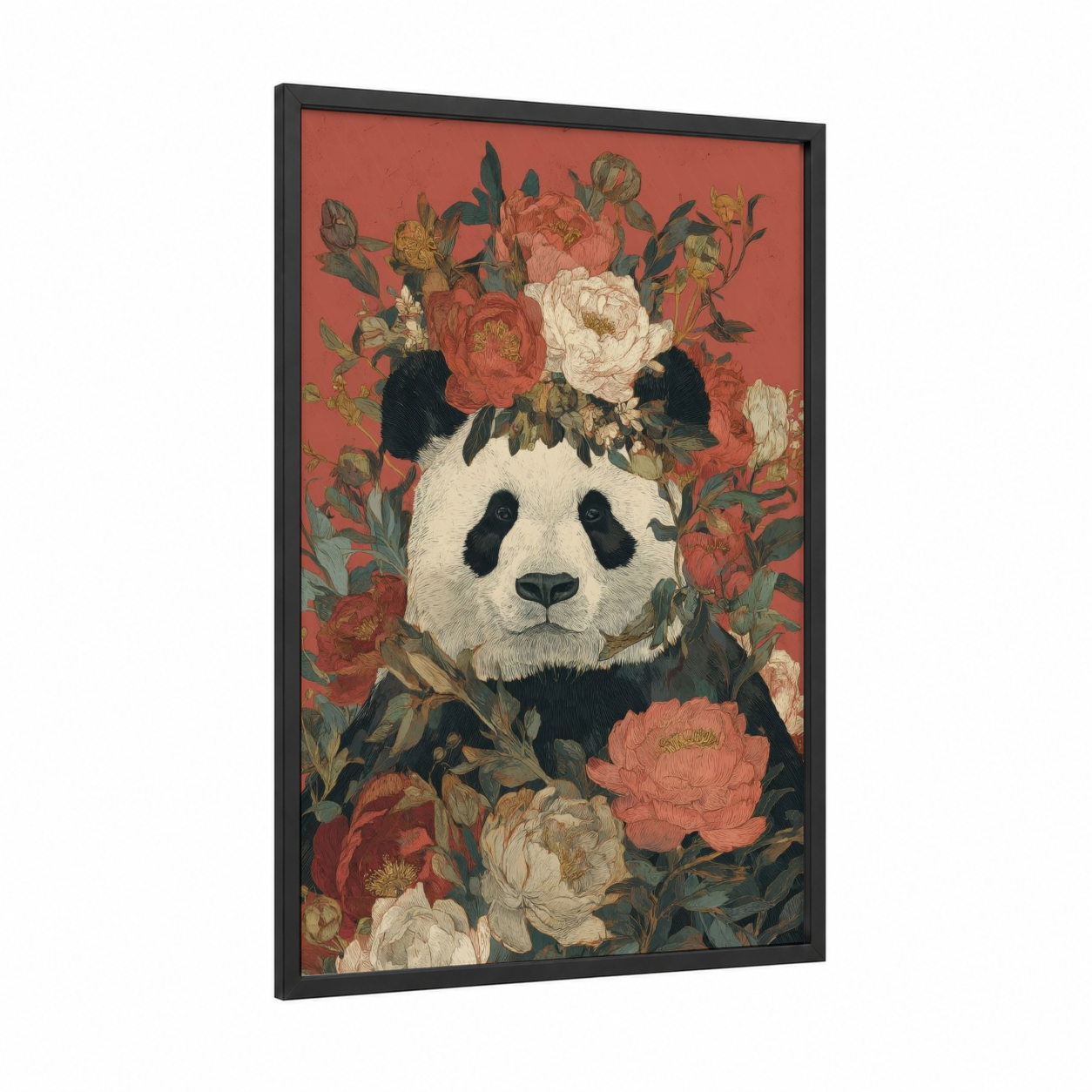 Floral Panda framed art print — black wood frame — russet and cream palette