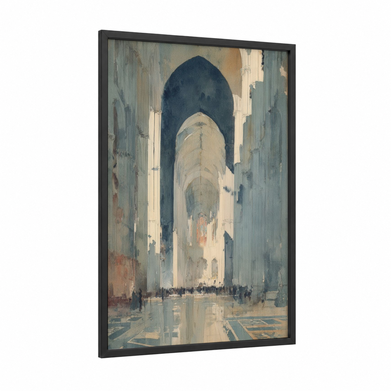Amiens Cathedral Interior framed art print — black wood frame — blue and white and gray palette