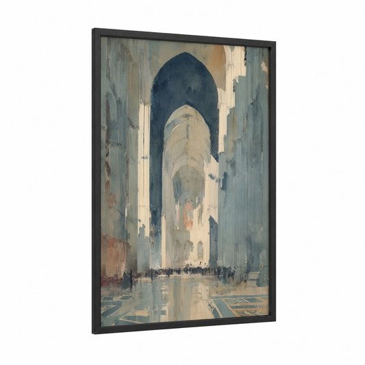 Amiens Cathedral Interior framed art print — black wood frame — blue and white and gray palette