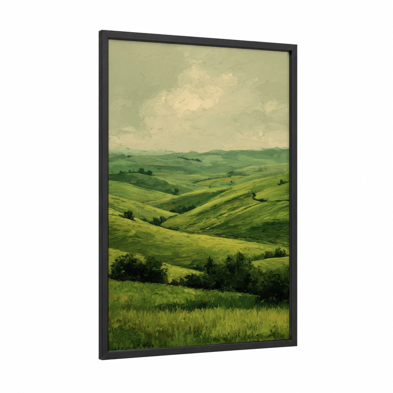 Rolling Green Hills framed grass print — black wood frame — light green and gold palette