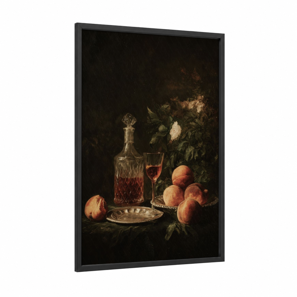 Peach Wine Still Life framed rose wine print — black wood frame — gold and black palette