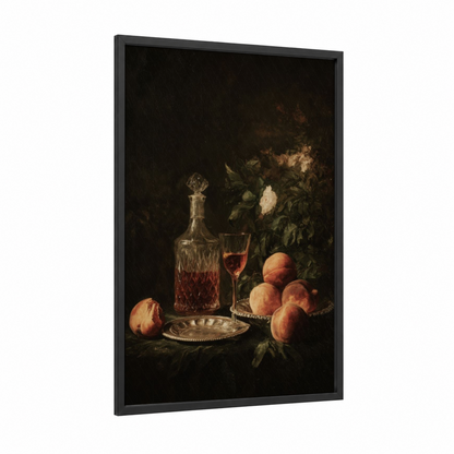 Peach Wine Still Life framed rose wine print — black wood frame — gold and black palette