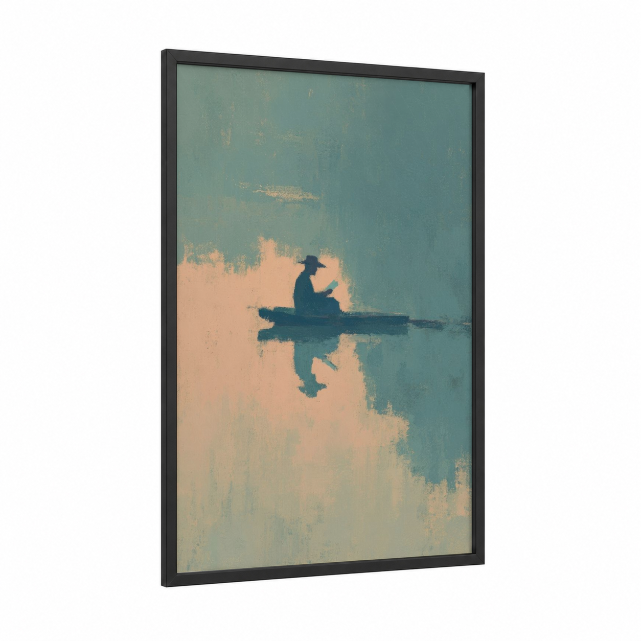 Solitary Reader framed reading print — black wood frame — teal and peach palette