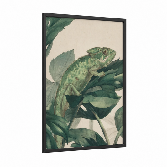 Emerald Chameleon framed art print — black wood frame — true green and cream palette