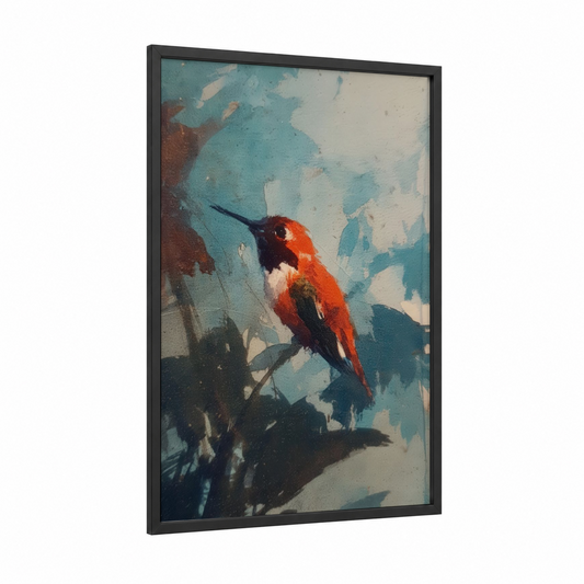 Crimson Hummingbird framed art print — black wood frame — teal and red palette