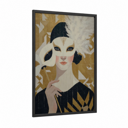 Masked Elegance framed mardi gras print — black wood frame — gold and black and white palette
