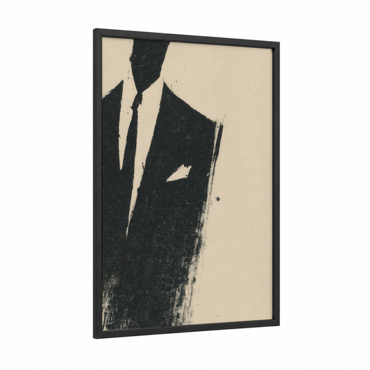Tailored Silhouette framed fashion illustration print — black wood frame — black and white and cream palette