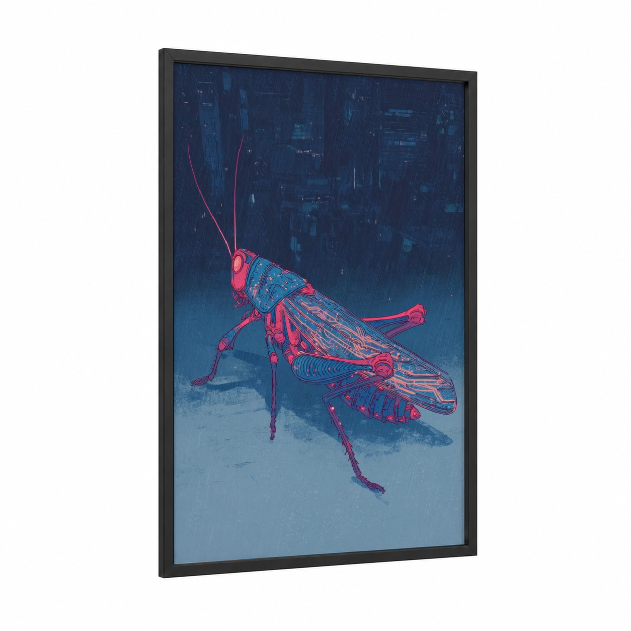 Neon Grasshopper framed art print — black wood frame — dark blue and magenta palette
