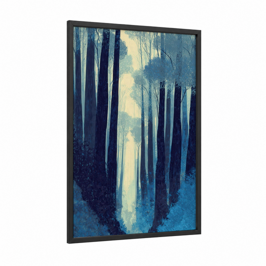 Misty Cedar Forest framed art print — black wood frame — blue and gold and gray and white palette