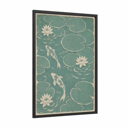 Koi Fish and Lotus Pond Wall Art framed art print — black wood frame — teal and cream palette