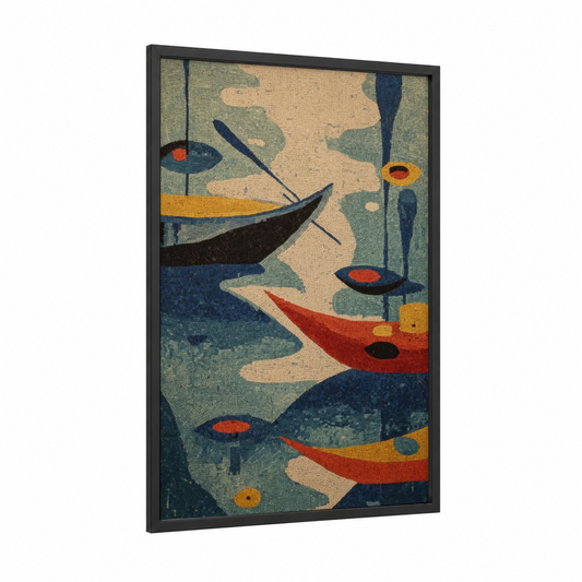 Colorful Kayak Fleet framed kayaks and canoes print — black wood frame — blue and gold and teal palette